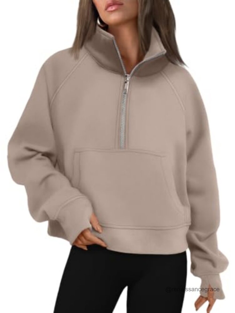 Womens Half Zip Fleece Pullover Sweatshirt Kangaroo Pocket Thumb Holes Loose